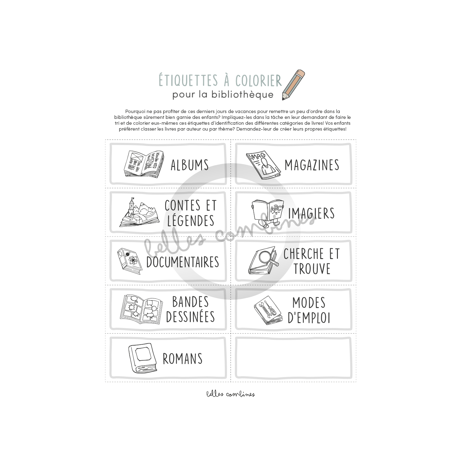 Étiquettes à colorier pour la bibliothèque