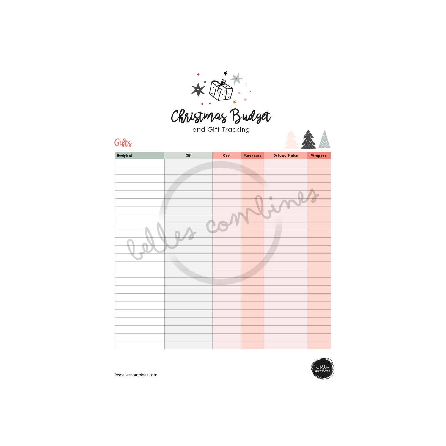 English version of the christmas budget and gift tracking document made by Les Belles Combines