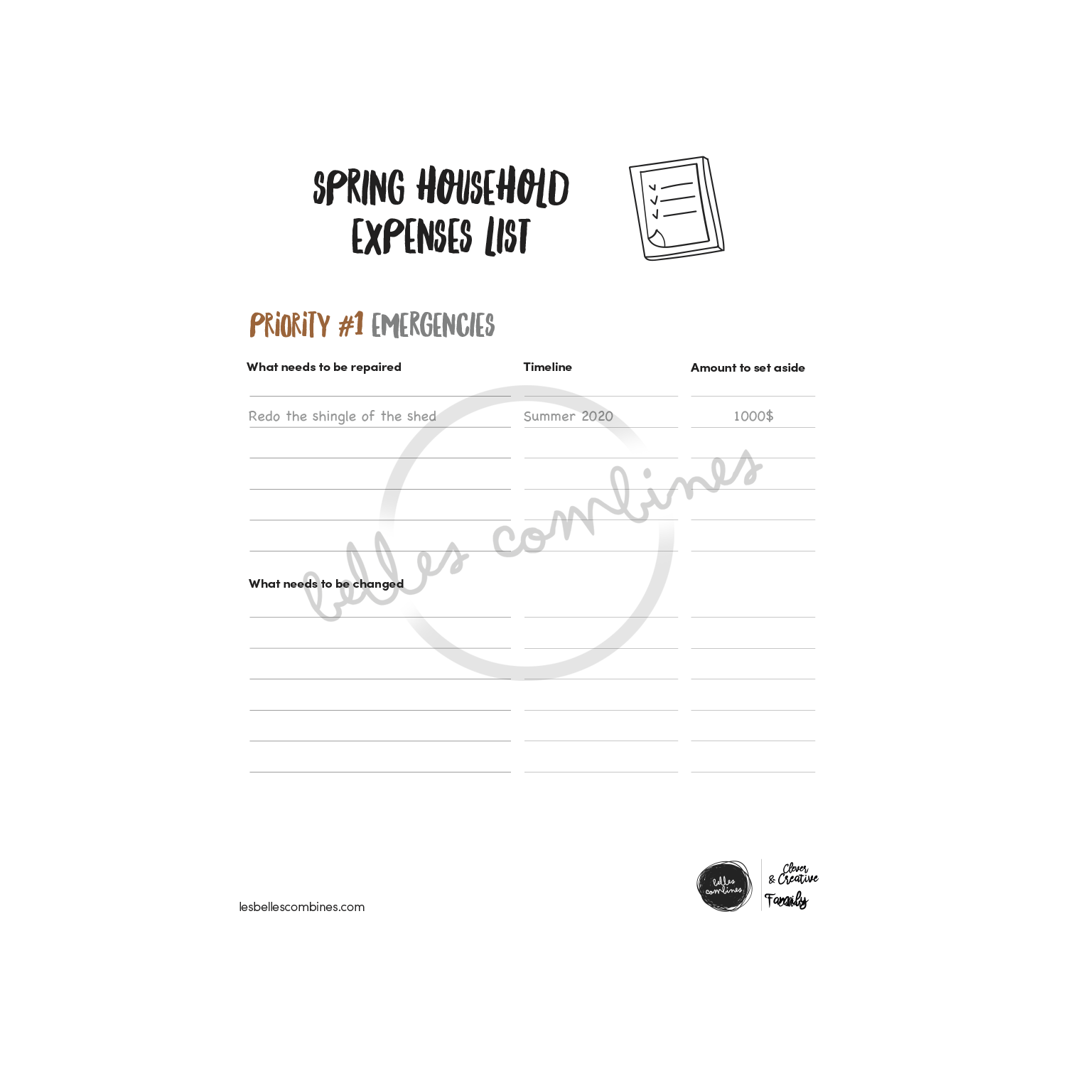 English version of the spring household expenses list of the spring cleaning guide made by Les Belles Combines