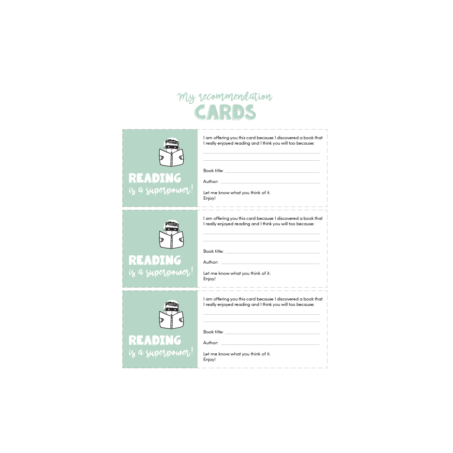 English version of My recommendations cards of Reading is my superpower document made by Les Belles Combines