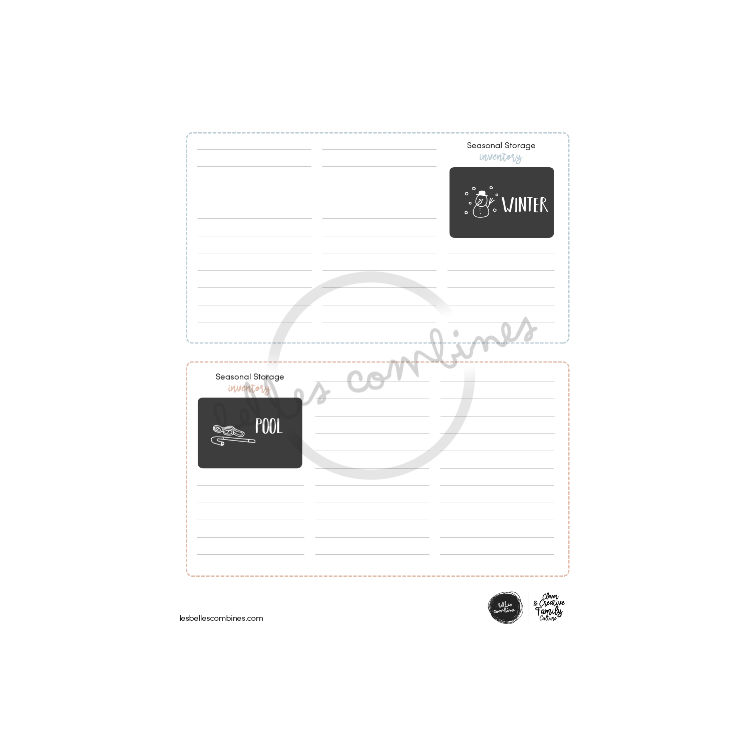 English version of the seasonal storage inventory document to print made by Les Belles Combines