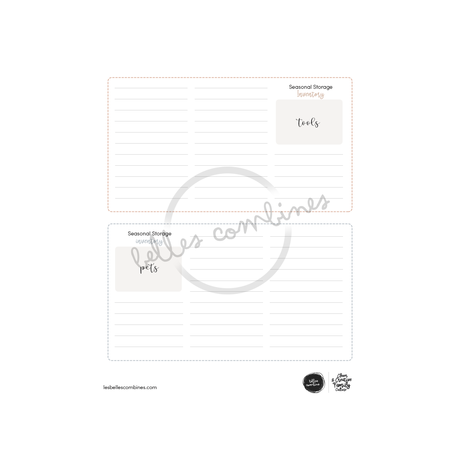 English version of the seasonal storage inventory document to print made by Les Belles Combines