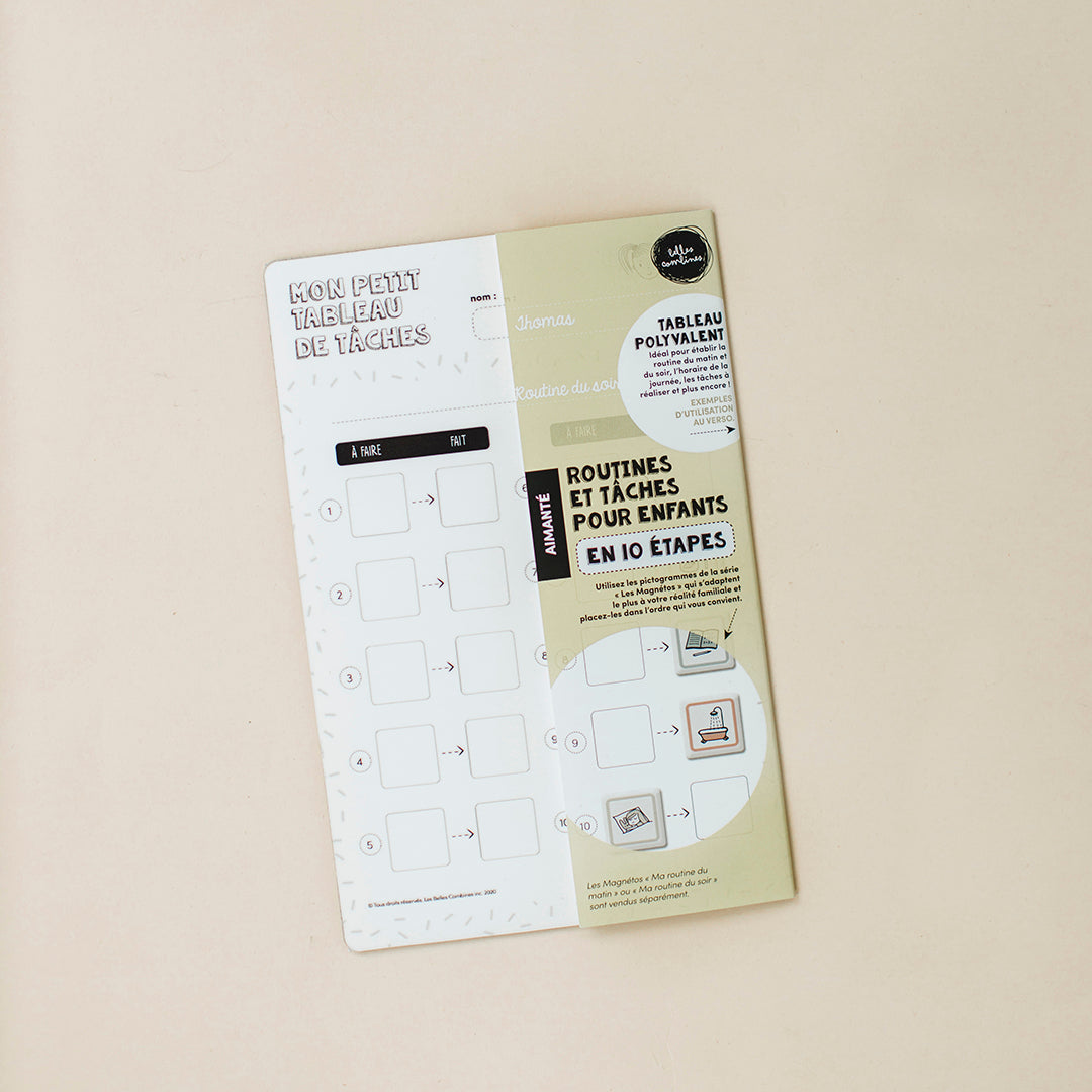Version française du petit tableau de tâches aimanté en dix étapes non ouvert Les Belles Combines