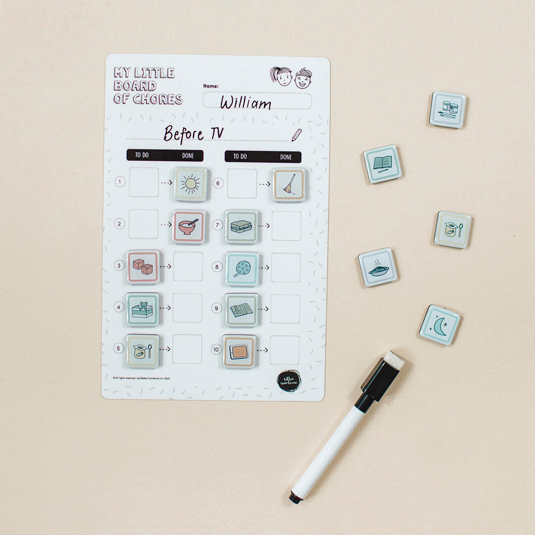 English version of the magnetic little board of chores in ten steps with dry eraser pen used with magnets Les Belles Combines