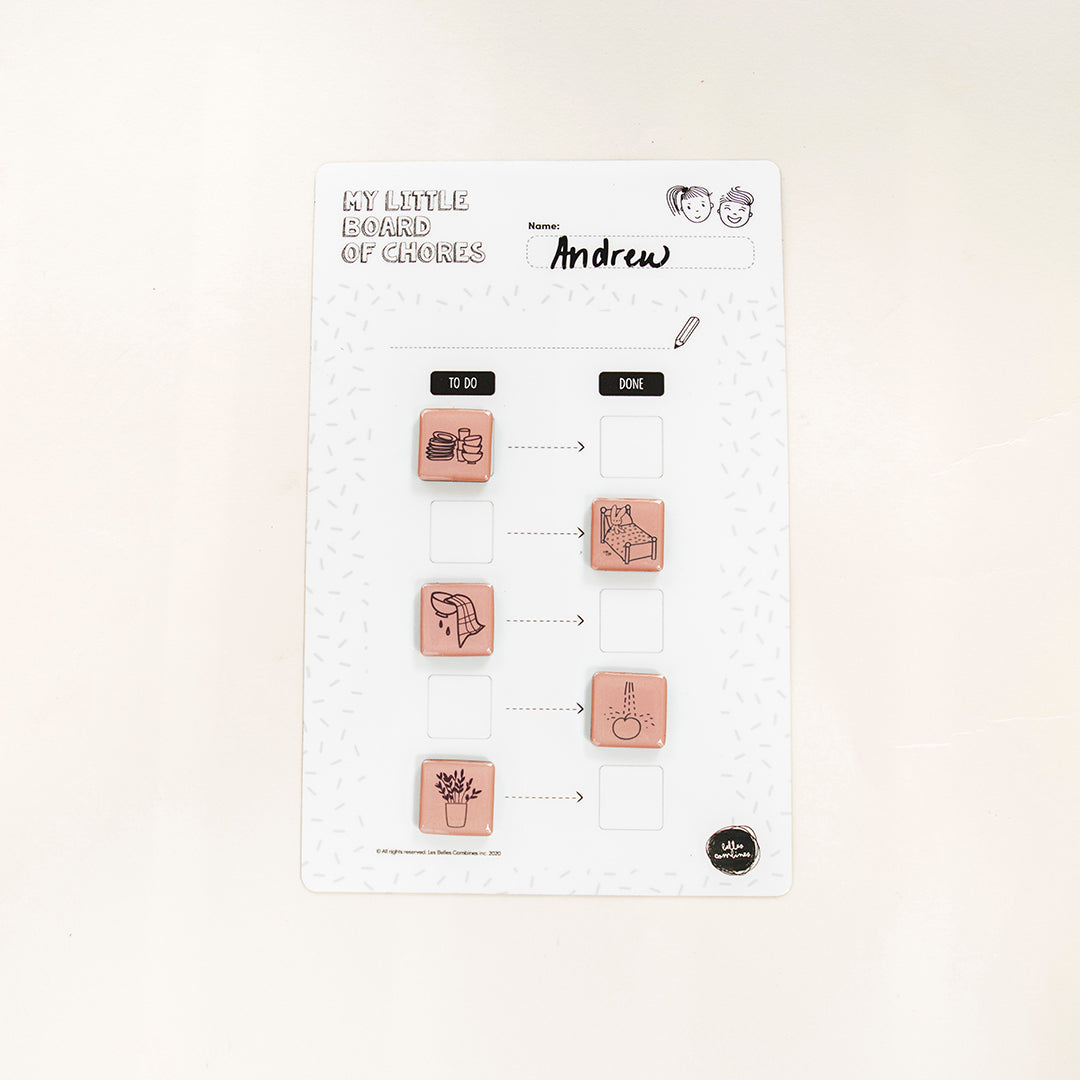 English version of the magnetic little board of chores in five steps use to illustrate weekly chores with magnets Les Belles Combines