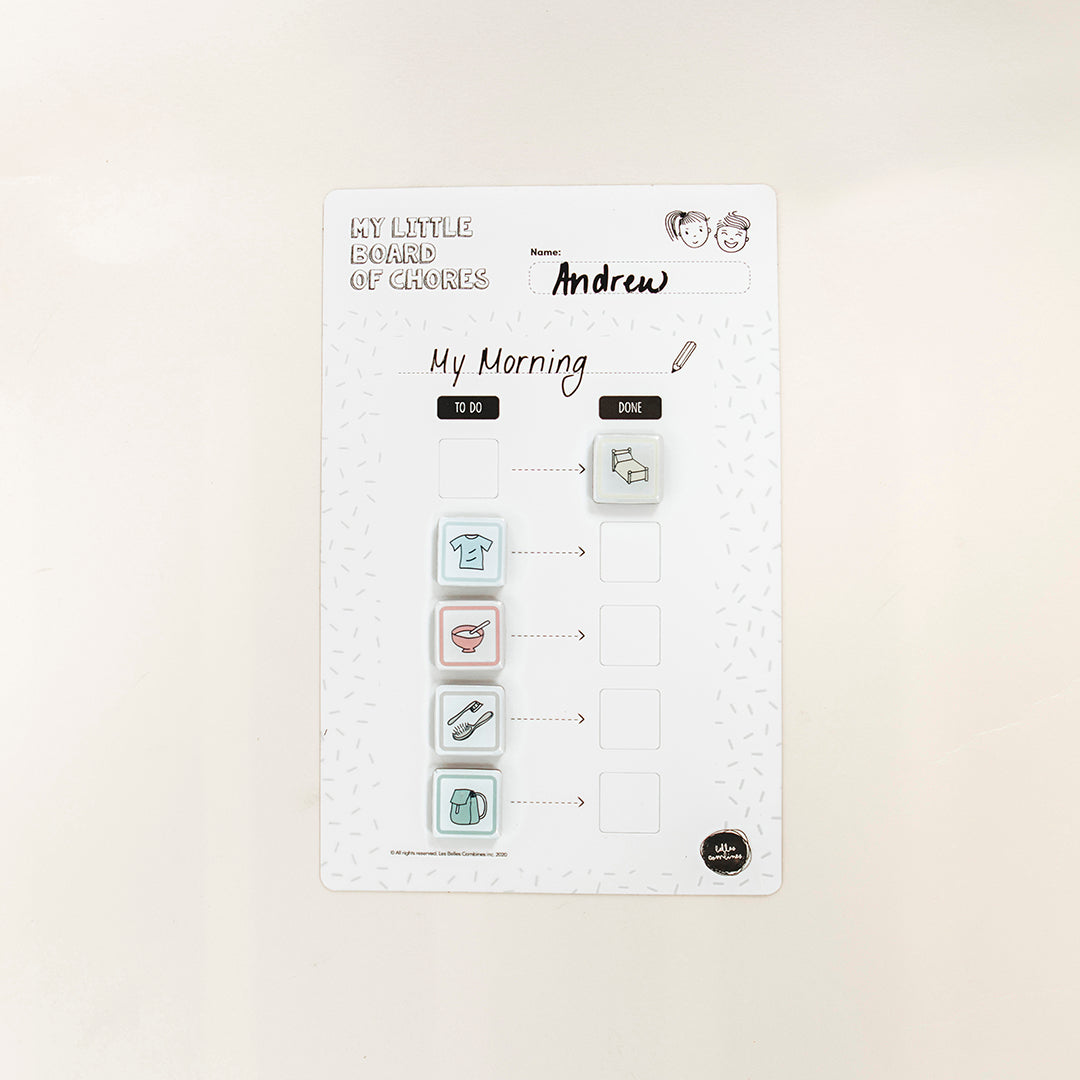 English version of the magnetic little board of chores in five steps used with morning routine magnets Les Belles Combines