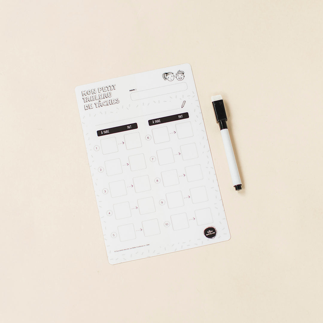 Version française du petit tableau de tâches aimanté en dix étapes avec crayon effaçable à sec Les Belles Combines