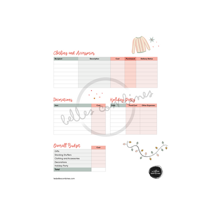 English version of the clothing and accessories, decorations, holiday party and overall budget section of the christmas budget and gift tracking document made by Les Belles Combines
