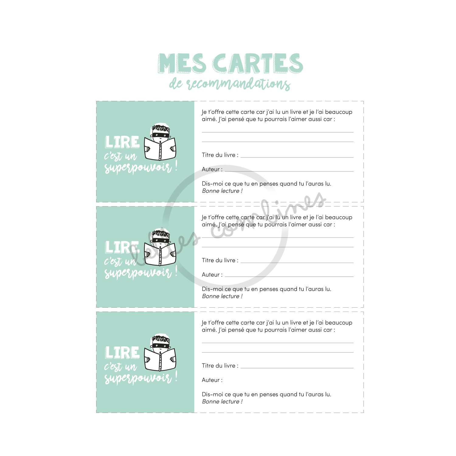 Version française des cartes de recommandations du cahier Lire, c&