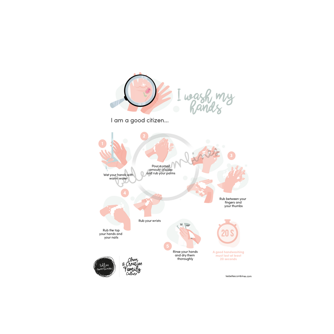 English version of the I wash my hands document to print made by Les Belles Combines