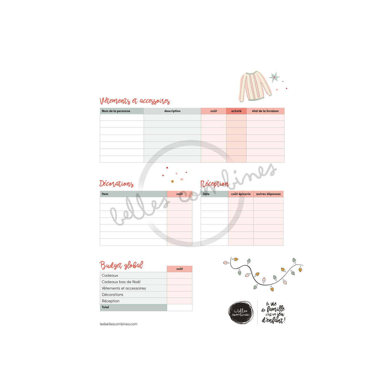 Version française de la section Vêtements et accessoires, décorations, réception et budget global de la petite combine Budget de Noël et suivi des achats Les Belles Combines
