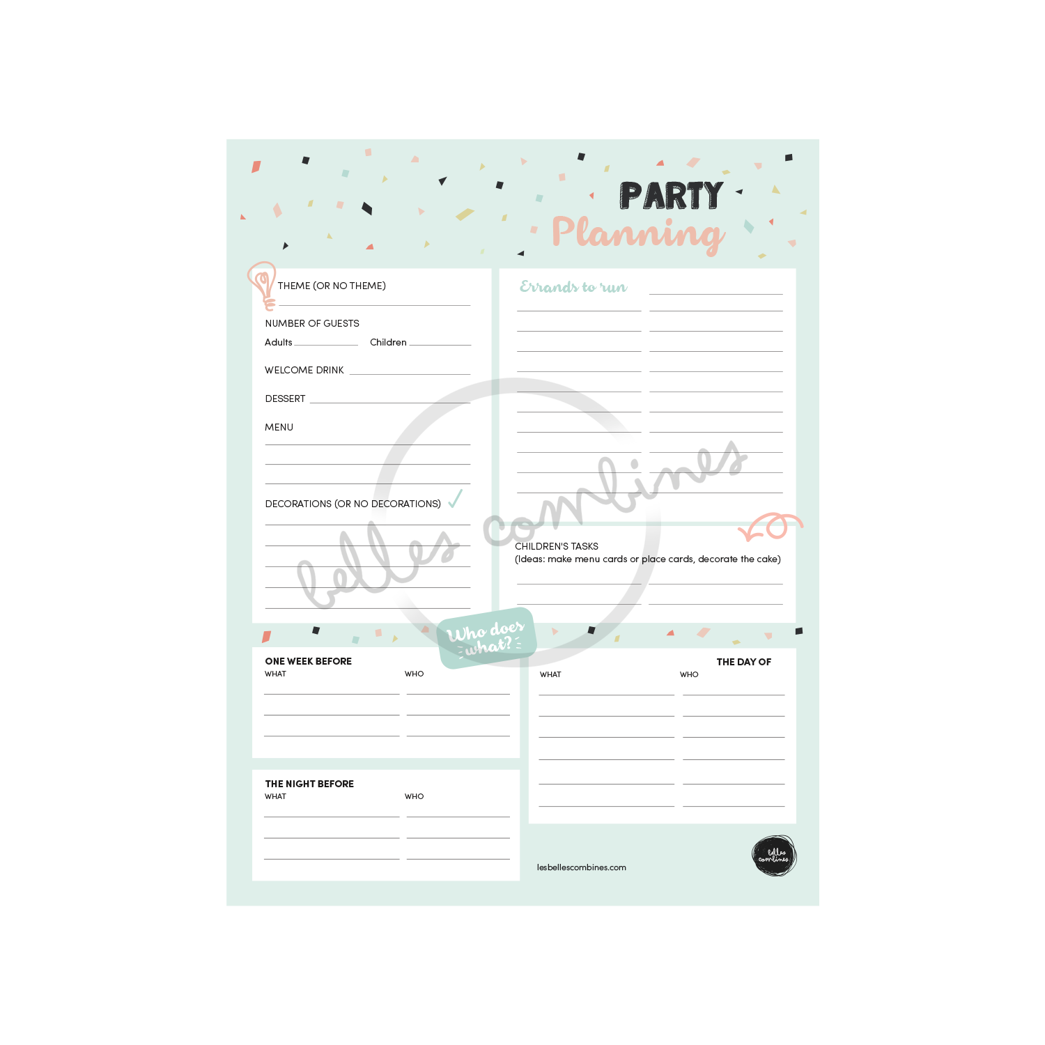 English version of the document to print Party planning made by Les Belles Combines