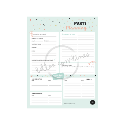 English version of the document to print Party planning made by Les Belles Combines