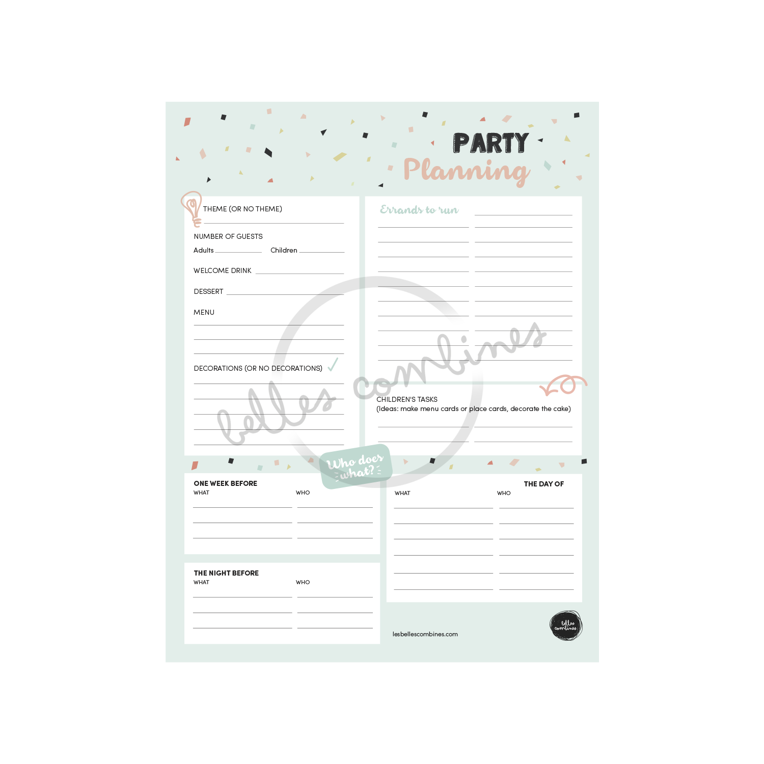 English version of the document to print Party planning made by Les Belles Combines