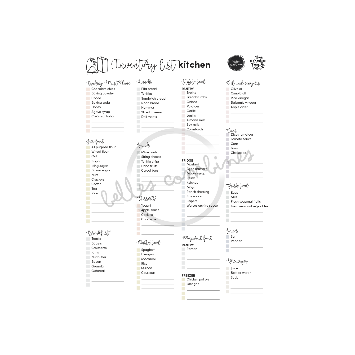 English version of the inventory list for the kitchen to print by Les Belles Combines