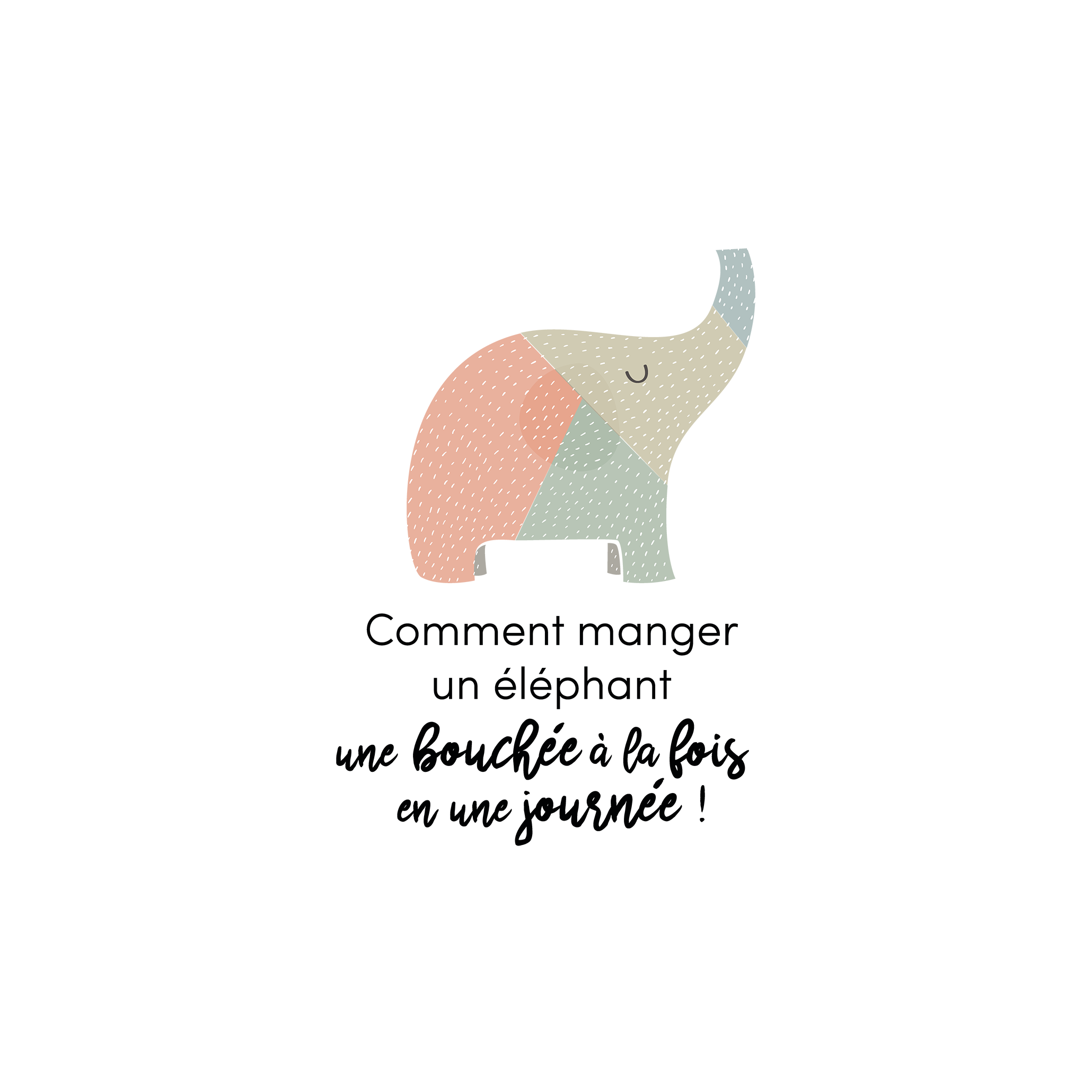 Version française du logo de la petite combine Comment manger un éléphant une bouchée à la fois en une journée par Les Belles Combines
