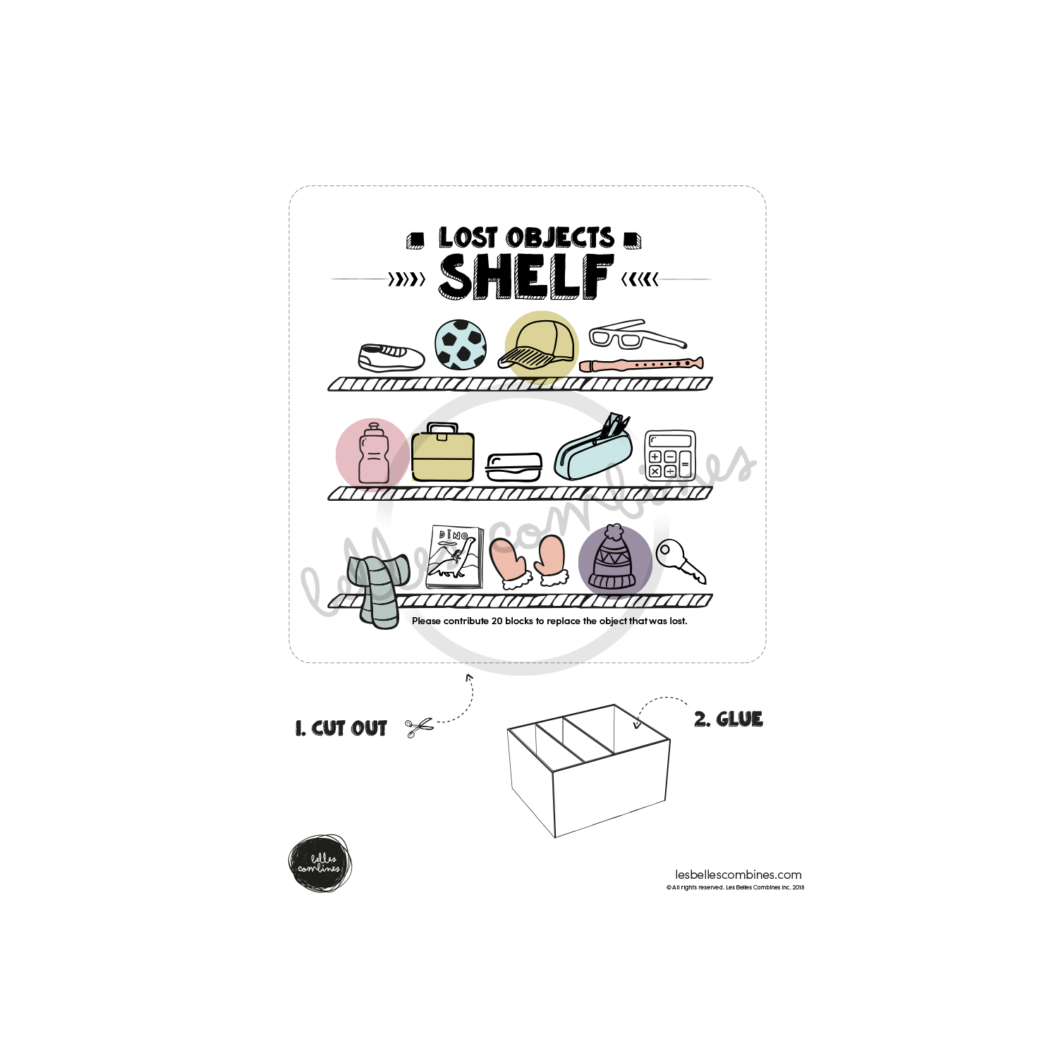 English version of the lost objects shelf to print for the general store Les Belles Combines
