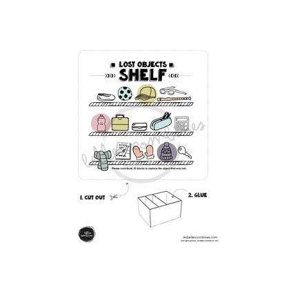 English version of the lost objects shelf to print for the general store Les Belles Combines