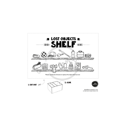 English version of the lost objects shelf for the general store Les Belles Combines