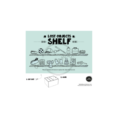 English version of the lost objects shelf for the general store Les Belles Combines