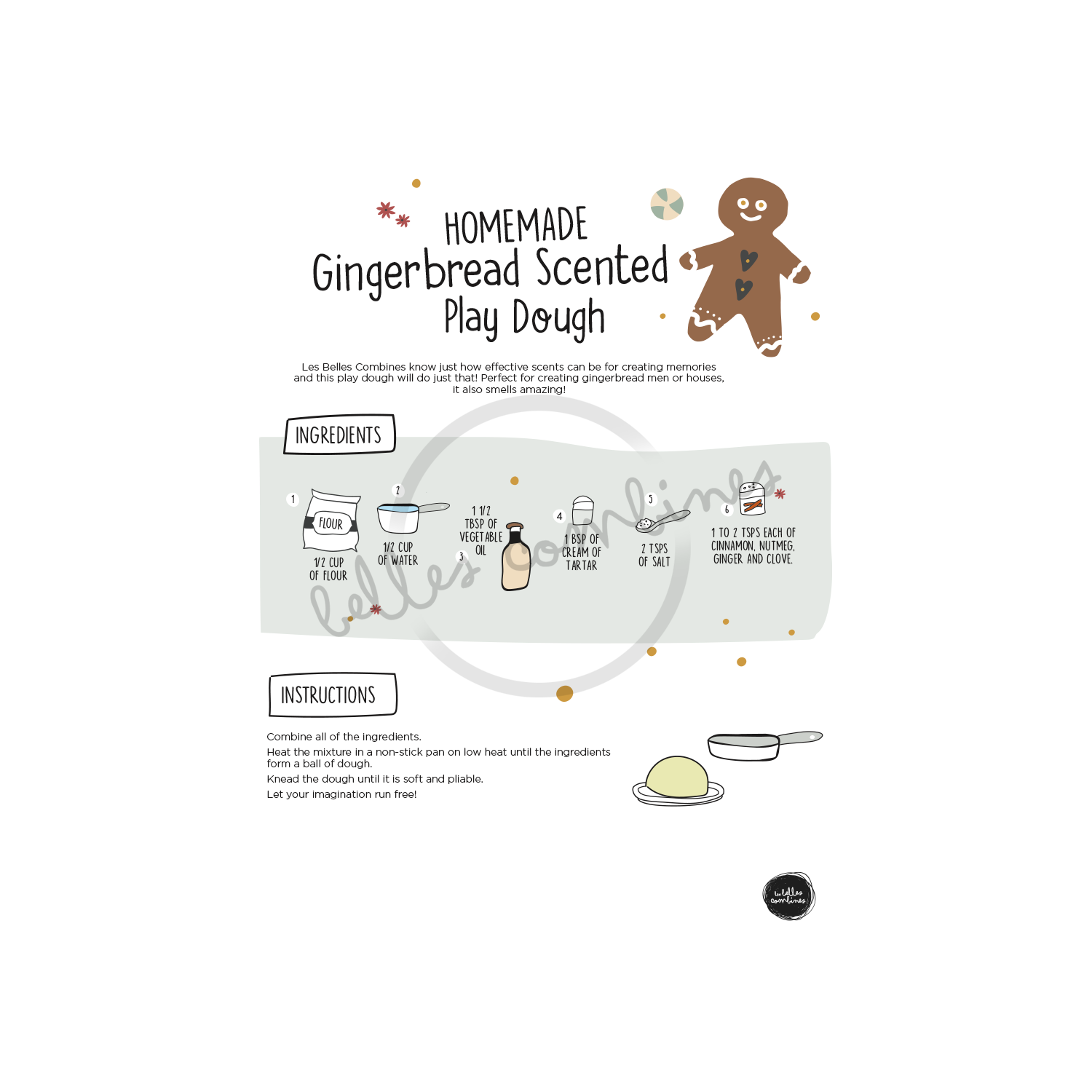 English version of the homemade gingerbread scented play dough recipe to print made by Les Belles Combines