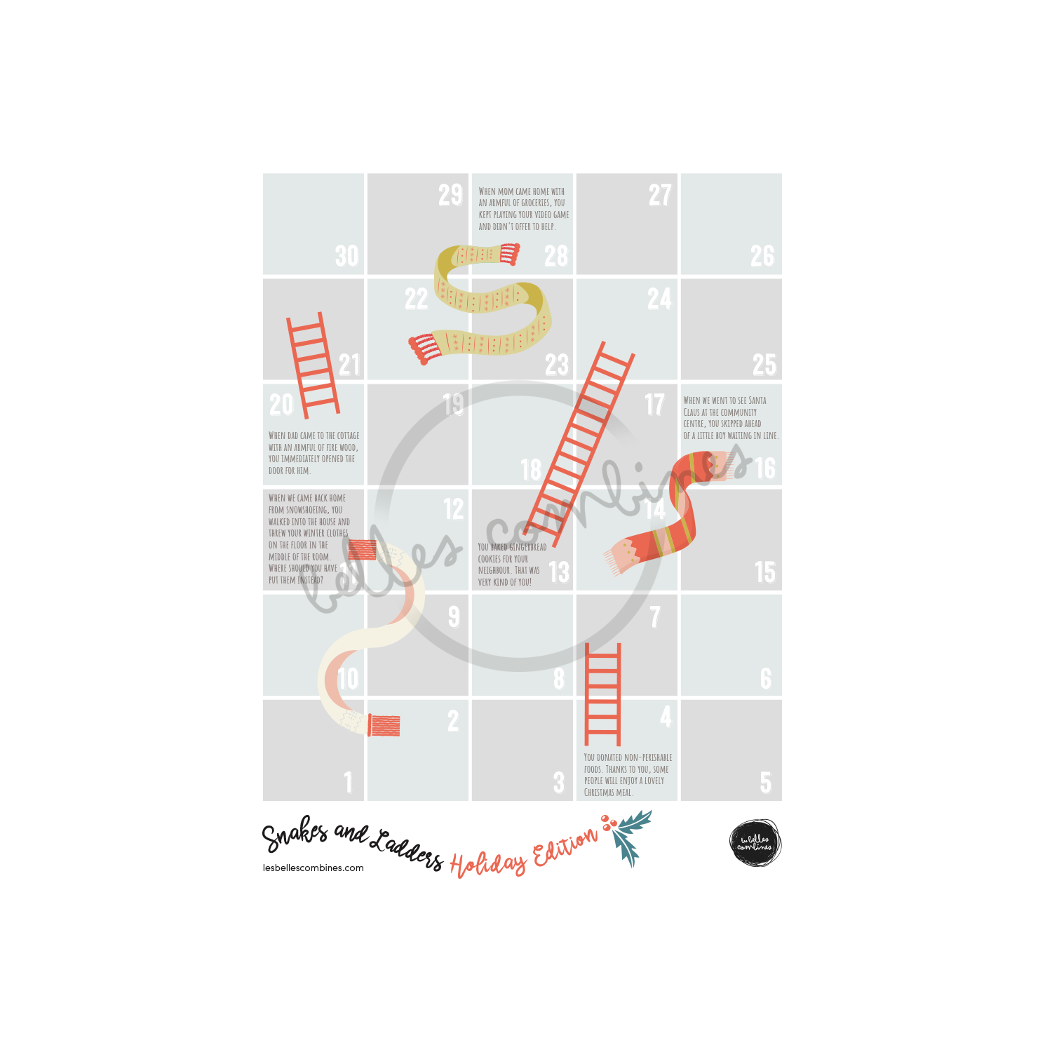 English version of the Christmas snakes and ladders to print made by Les Belles Combines